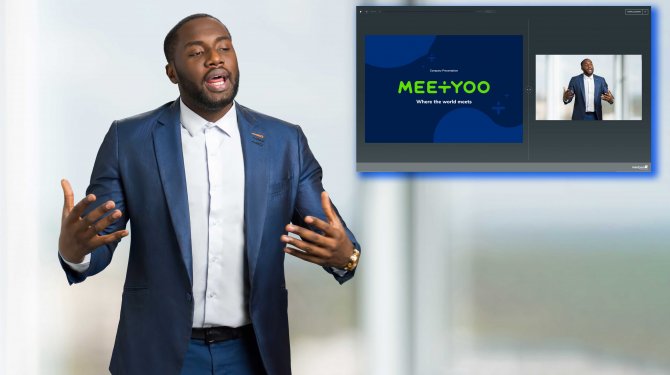 Man speaking in a hybrid conference MEETYOO Show Man speaking in a hybrid conference MEETYOO Show